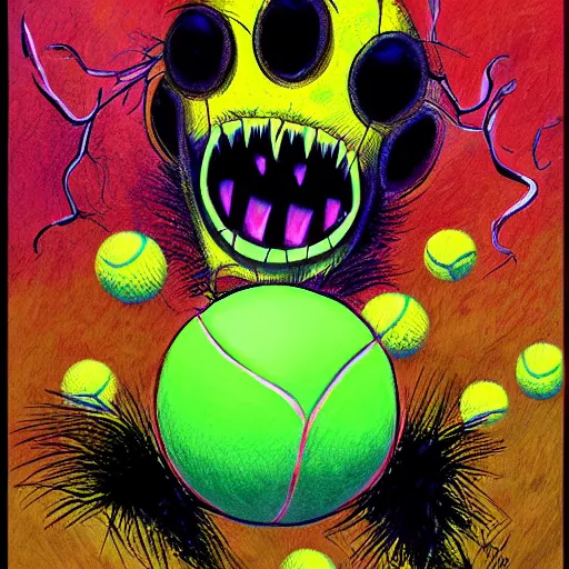 Image similar to a tennis ball monsters, colorful, digital art, fantasy, magic, chalk, trending on artstation, ultra detailed, professional illustration by basil gogos