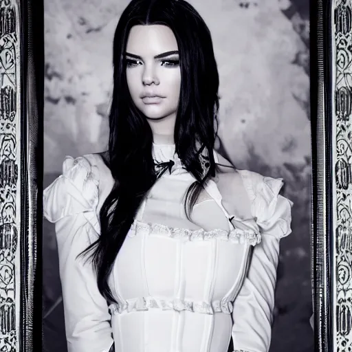 Image similar to kendall jenner in 2 b cosplay victorian maid studio lighting cinematic photoshoot