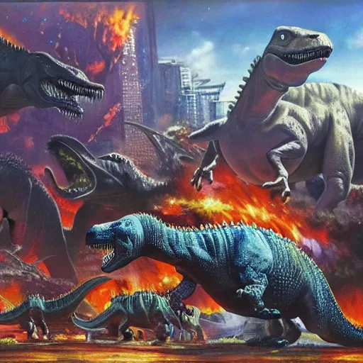 Prompt: dinosaurs attacking a city, futuristic, oil canvas, High quality