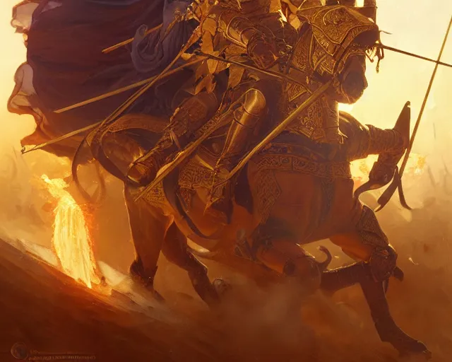 Image similar to battle of kings, medieval war, fire and dust and golden armor, action, dramatic lighting, intricate, wild, highly detailed, digital painting, artstation, concept art, smooth, sharp focus, illustration, art by artgerm and greg rutkowski and alphonse mucha