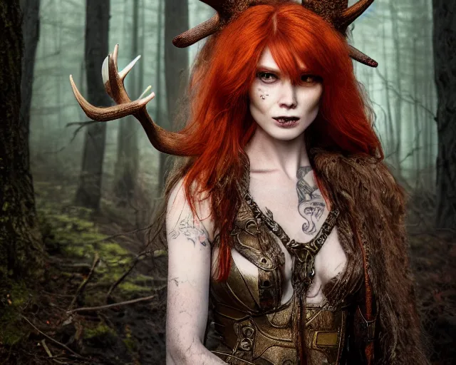 Image similar to 5 5 mm portrait photo of an armored gorgeous anesthetic redhead woman warrior with a face tattoo and antlers growing from her head, in a magical forest in the style of stefan kostic, art by luis royo. highly detailed 8 k. intricate. lifelike. soft light. nikon d 8 5 0. cinematic post - processing