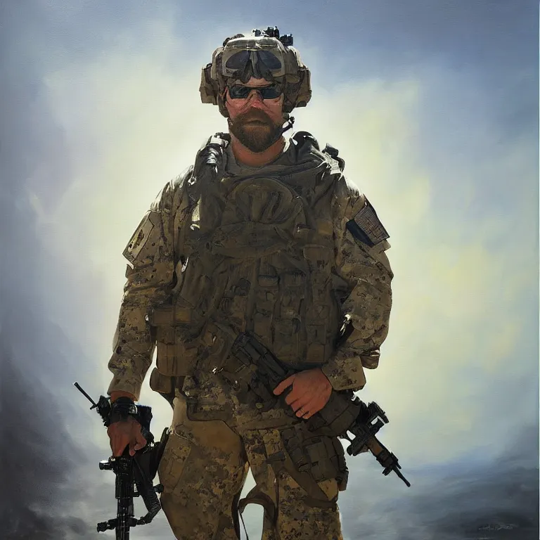 Prompt: portrait of a navy seal soldier, majestic, fine art portrait painting, strong light, clair obscur, by john martin