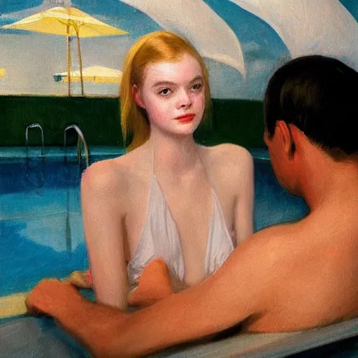 Prompt: Elle Fanning and Dr. Anthony Fauci at the pool at night, head and shoulders portrait, stormy weather, extremely detailed masterpiece, Roger Deakin’s cinematography, oil on canvas, Edward Hopper,