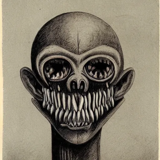 Image similar to humanoid with crooked teeth, black eyes, gaping mouth, alien looking, big forehead, horrifying, killer, creepy, dead, monster, tall, skinny, open mouth, deathly, in the style of alfred kubin