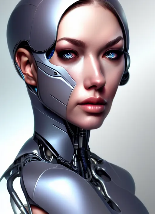 Prompt: portrait of a cyborg woman by Artgerm (face in profile +400), biomechanical, hyper detailled, trending on artstation