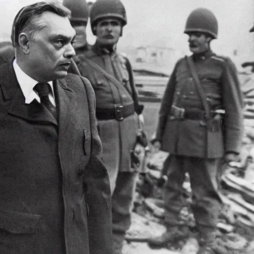 Prompt: leader of fascist hungary, viktor orban, overseeing the war torn city of budapest during the siege 1 9 4 5