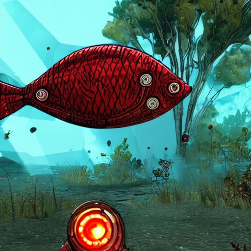 Prompt: a robotic red fish, borderlands screenshot