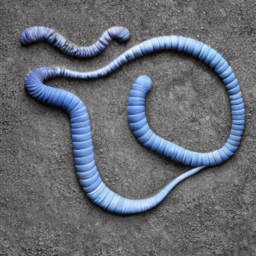 Image similar to studio photograph of a worm with a gray body and a blue head