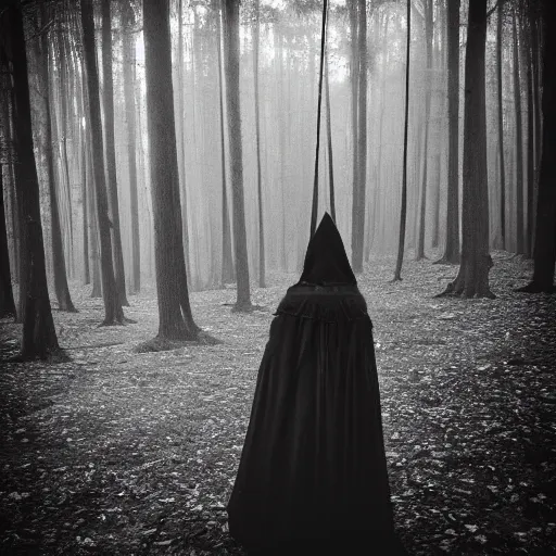 Image similar to a witch in an ancient forest, b&w photo by kasebian