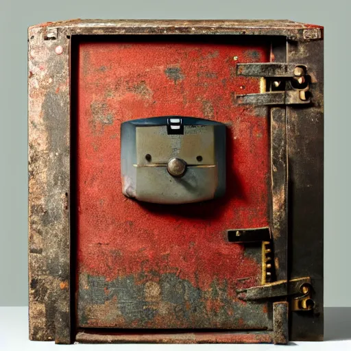 Prompt: A still life of a safe on the wooden ground, wood panels, metalic, (((rusty)))