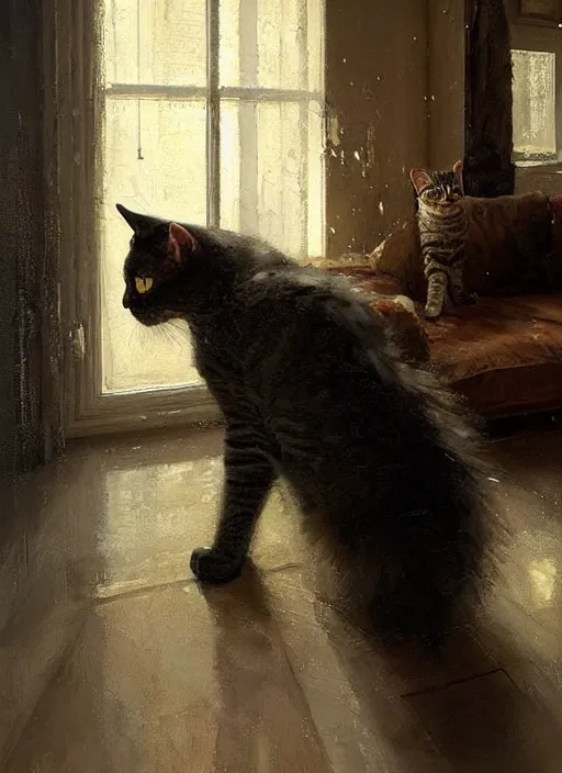 Image similar to a portrait of a cat inside a modern apartment, intricate oil painting, hyperdetailed, ethereal, cinematic, dramatic lighting, by jeremy mann and julius adam ii