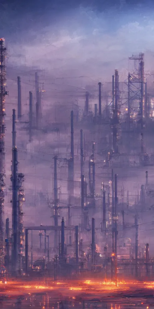 Prompt: large oil factories in the distance, fire, dust storm, futuristic, desert, cyberpunk theme, high detail, night, trending on art station