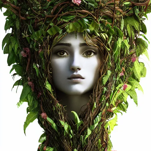 Image similar to Giant Mother Nature made of vines and leaves and a crown made of flowers towering over a tropical island, Dramatic Lighting, Trending on Artstation HQ, 4K, UHD.