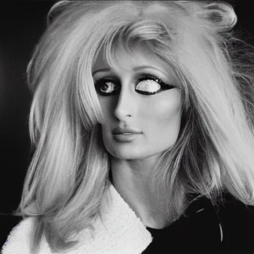 Image similar to photo of Paris Hilton by Diane Arbus, black and white, high contrast, Rolleiflex, 55mm f/4 lens