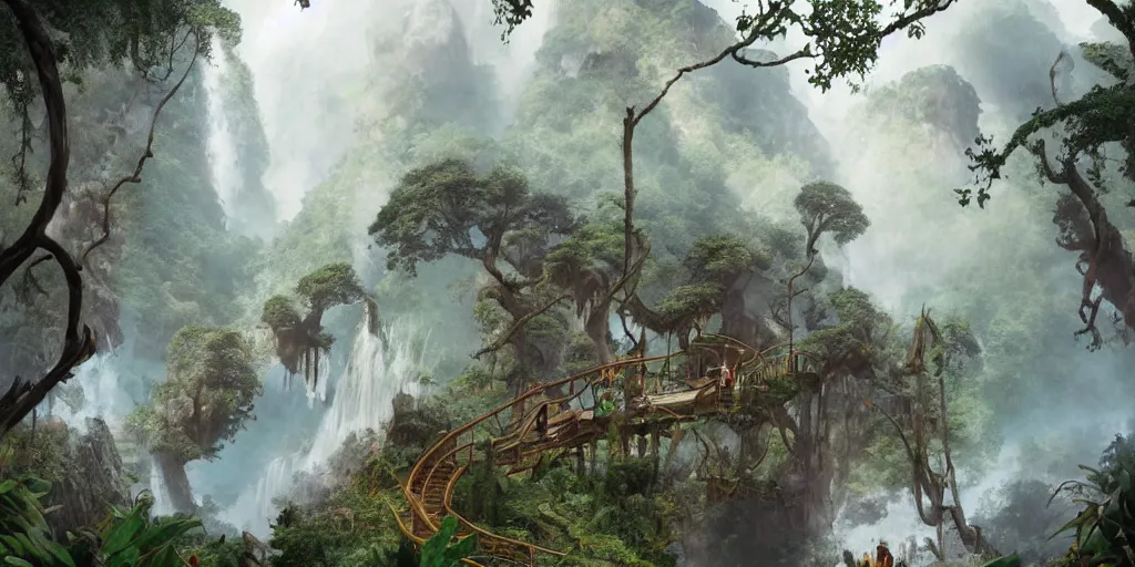 Image similar to jungle rainforest cliffs with treehouse village. tiered catwalks and rope bridges. wooden cabins. foggy valley and mountains fading into the distance, at sunset. waterfalls. neverland. peter pan kids wearing war paint and headdresses, standing on the rope bridges. dinosaurs. magic the gathering card art by greg rutkowski.