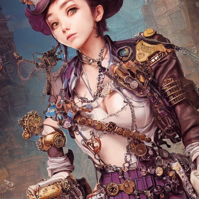 Prompt: the portrait of true neutral semi - colorful female steampunk mechanist as absurdly beautiful, gorgeous, elegant, young gravure idol, an ultrafine hyperdetailed illustration by kim jung gi, irakli nadar, intricate linework, bright colors, octopath traveler, final fantasy, unreal engine 5 highly rendered, global illumination, radiant light, detailed and intricate environment