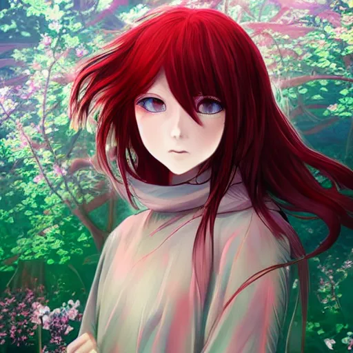 Prompt: infp anime girl with red hair, amid nature, hyper detailed digital art, dreamy, very atmospheric