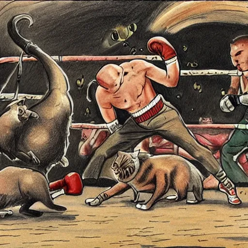 Prompt: cats fighting dogs and rats in a boxing match, detailed drawing, masterpiece