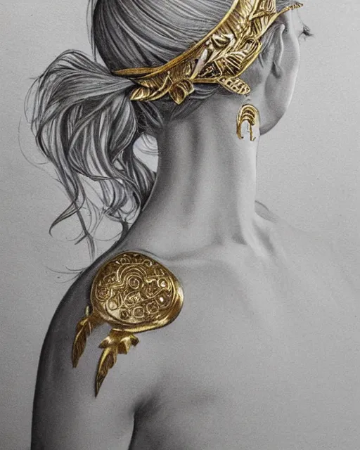 Image similar to tattoo design sketch of cute beautiful blonde super model as aphrodite greek goddess wearing a gold laurel wreath and triangle earrings, beautiful piercing gaze with sharp pupils, in the style of greg rutkowski, fantasy, amazing detail, epic, elegant, smooth, sharp focus, front view