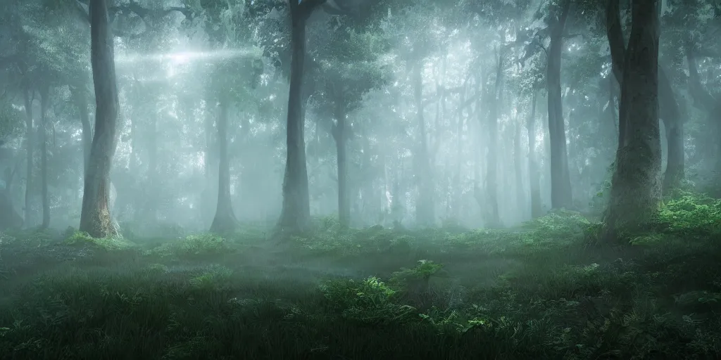 Image similar to a highly detailed digital painting of a luscious fantasy forest, volumetric lighting, atmospheric fog, 8 k render