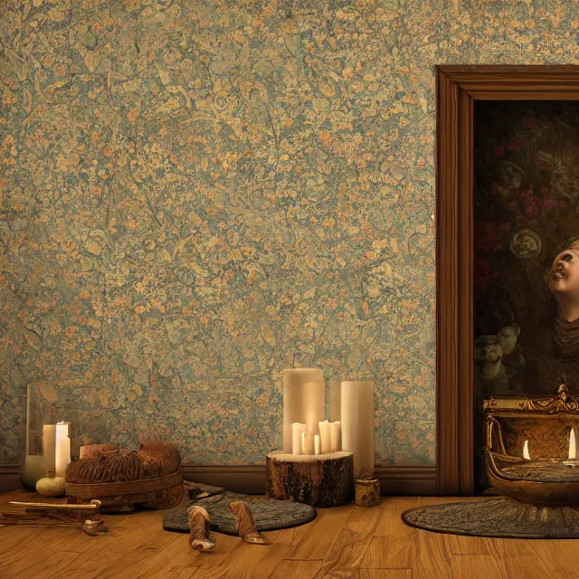 Prompt: a wall with antique wallpaper, in the center an oval painting depicting a victorian lady posing, under a fireplace with lighted candles on it, dark, disturbing atmosphere, highly detailed, unsettling, realistic oil painting