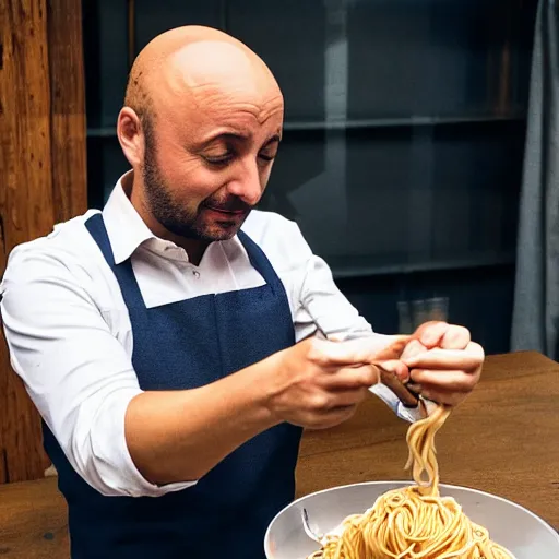 Image similar to joe bastianich eating spaghetti from his nose