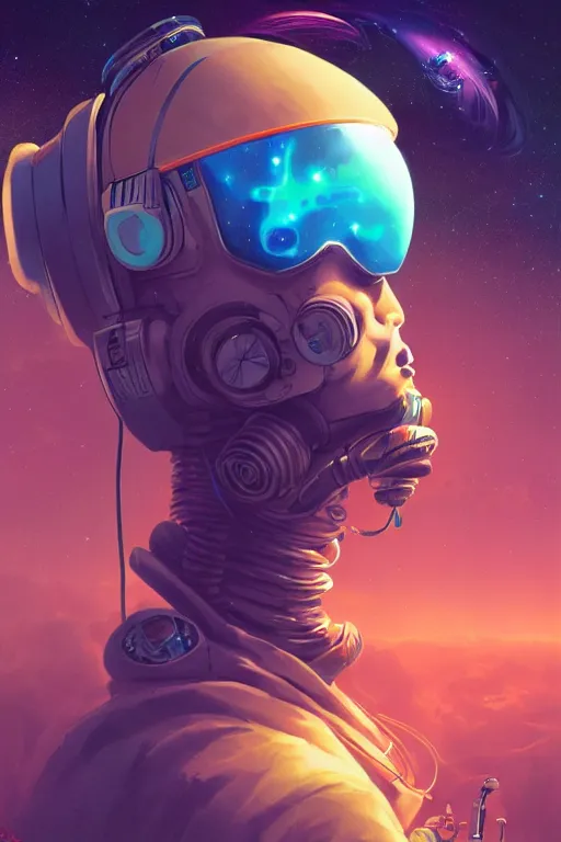 Image similar to a poster design of a cyberpunk astronaut wearing headphones in space, universe, cyberpunk, warm color, Highly detailed labeled, poster, peter mohrbacher, featured on Artstation