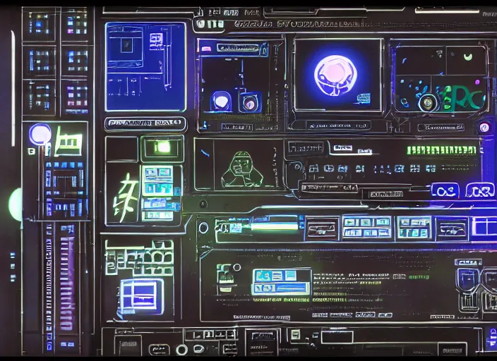 Image similar to simple cyberpunk graphics user interface ( gui ) depicting operational controls of a mech robot in the style of ghost in the shell. design by mark coleran or jayse hansen ( 1 9 9 1 )