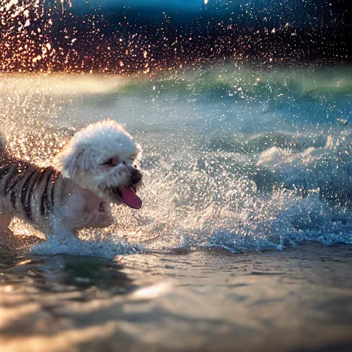 Image similar to a closeup photorealistic photograph of a cute smiling tiger bichon puppy splashing in the surf during sunset. professional capture, well lit shot. this 4 k hd image is trending on artstation, featured on behance, well - rendered, extra crisp, features intricate detail, epic composition and the style of unreal engine.