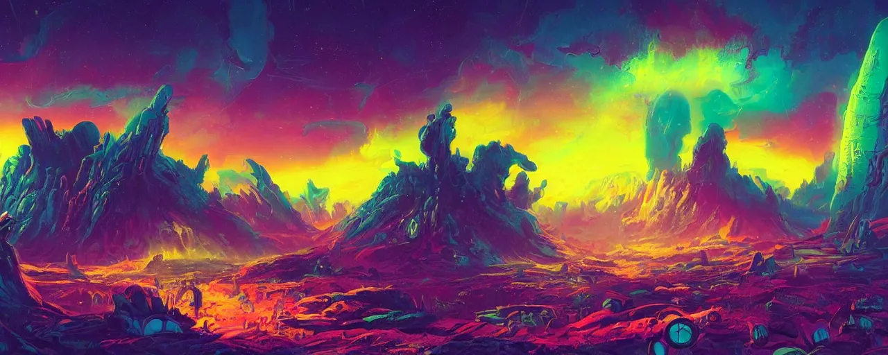 Prompt: ” mysterious and whimsical alien landscape, [ colorful, inviting, cinematic, detailed, epic, widescreen, opening, establishing, mattepainting, art by slop and paul lehr ] ”