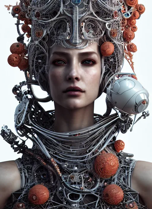 Image similar to portrait of an absurdly beautiful, graceful, sophisticated, fashionable cyberpunk mechanoid, hyperdetailed illustration by irakli nadar and alexandre ferra, intricate linework, white porcelain skin, faberge, coral headdress, unreal engine 5 highly rendered, global illumination, radiant light, detailed and intricate environment