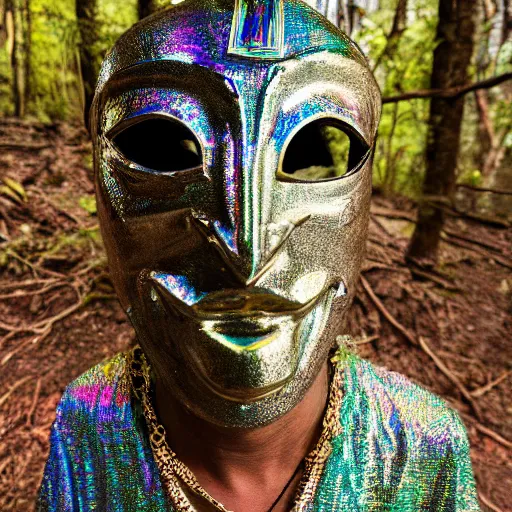 Prompt: wraith pagan wearing iridescent metallic dogon tribal mask standing in a clearing in the deep forest, rays of the sun, caustics, realistic, photography, photojournalism, national geographic photoshoot, inner glow, shimmer, sparkle, smoke, dust,