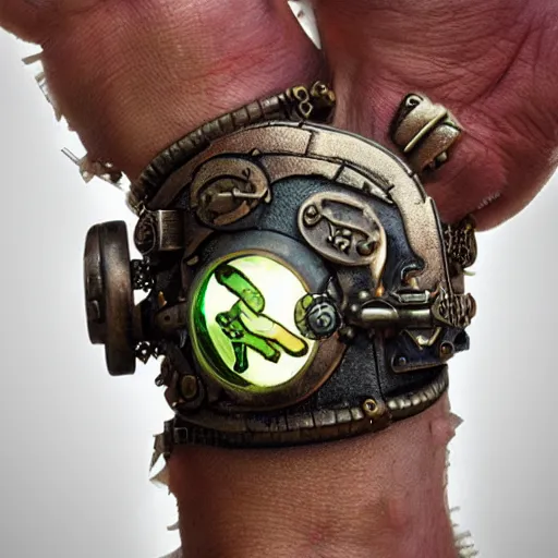 Prompt: A steampunk wristband that shoots out a grapple, epic fantasy art style HD