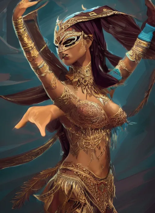 Image similar to a highly detailed illustration of a masked elegant elf arabian dancer, gracefully belly dancing pose, waving arms, intricate, elegant, highly detailed, centered, digital painting, artstation, concept art, smooth, sharp focus, league of legends concept art, WLOP