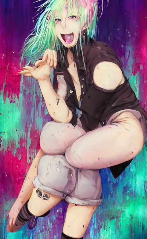 Prompt: anime, grungy woman with rainbow hair, drunk, angry, soft eyes and narrow chin, dainty figure, long hair straight down, torn overalls, booty shorts, combat boots, fishnets stockings, ripped pantyhose, basic white background, side boob, in the rain, wet shirt, symmetrical, single person, style of by Jordan Grimmer and greg rutkowski, crisp lines and color,