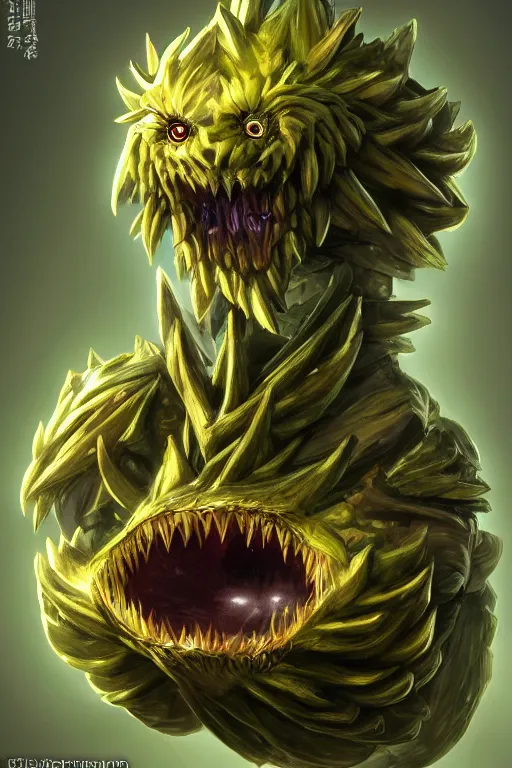 Image similar to a humanoid figure artichoke monster with large sphere eyes and a voracious mouth, highly detailed, digital art, sharp focus, trending on art station, plant, anime art style