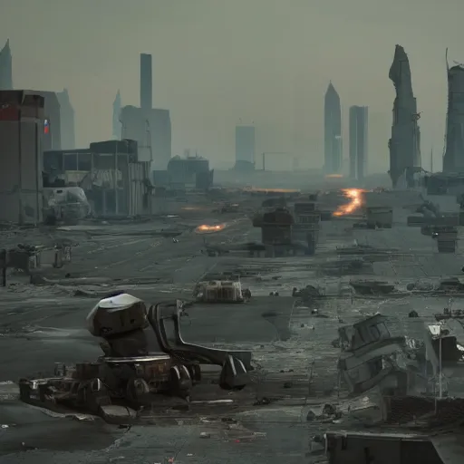 Prompt: machines and robot soldiers run on the horizon in a deserted street full of machines and wrecked cars. there are destroyed and abandoned buildings in the background. rockets take off on the horizon leaving this planet that has become uninhabitable, 4k, highly detailed, cinematic render