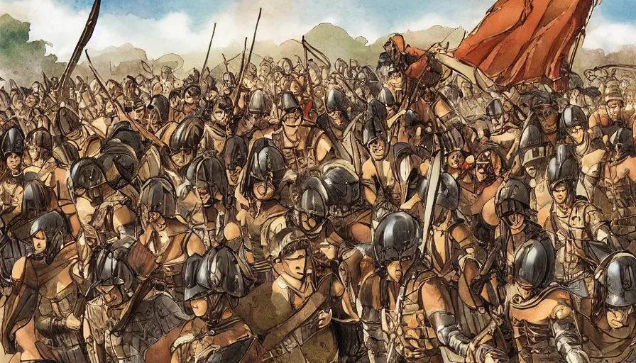 Prompt: a roman army by yasuhisa hara, manga with color artstyle, war landscape