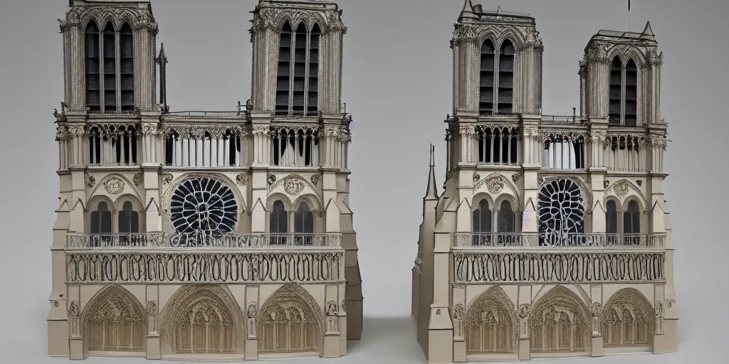 Image similar to paper model of the Notre Dame, hyperrealistic, illuminated, very fine details, ornaments, fractal struktures, studio light, 8K, product photo, spotlight, dark background