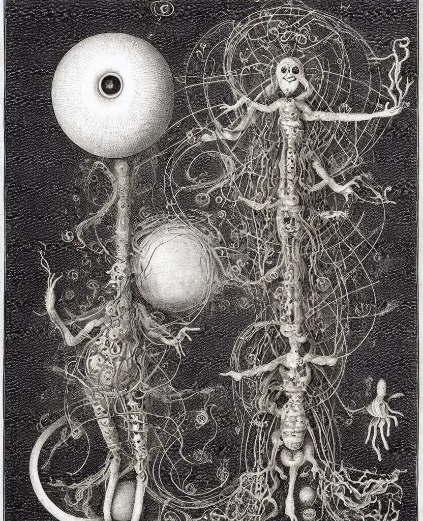 Image similar to whimsical freaky creature sings a unique canto about'as above so below'being ignited by the spirit of haeckel and robert fludd, breakthrough is iminent, glory be to the magic within, in honor of jupiter