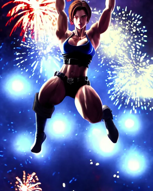 Prompt: gigachad jill valentine bodybuilder jumping in front of a fireworks show fighting wearing a suit in the fight club city, fantasy character portrait, ultra realistic, anime key visual, full body concept art, intricate details, highly detailed by greg rutkowski, ilya kuvshinov, gaston bussiere, craig mullins, simon bisley