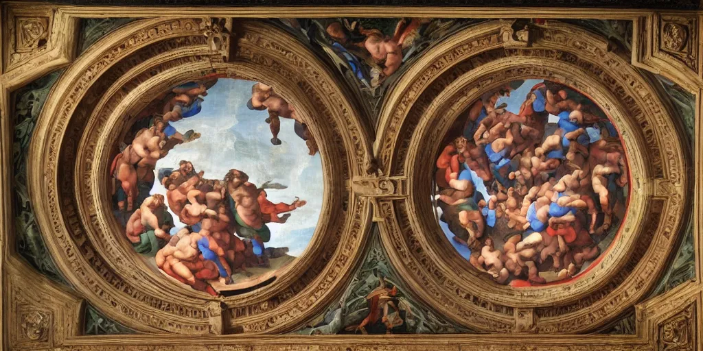 Prompt: intricate 2 1 savage sistine ceiling 1 5 0 8 chapel hand painting michelangelo renaissance
