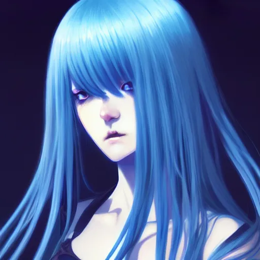 Prompt: attractive long blue - haired girl with bangs gothic anime character with amber eyes, screenshot, anime, sharp focus, intricate, illustration, cell shaded, digital painting, highly detailed, concept art, matte, art by ilya kuvshinov and kyoto animation and wlop, and greg rutkowski, studio quality, james jean