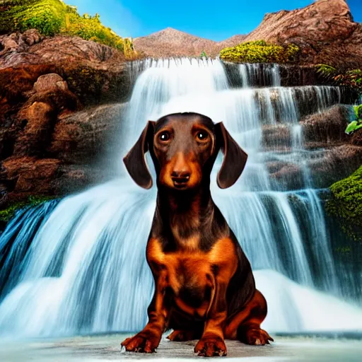 Prompt: black and brown dachshund sitting on top of a hill, waterfall in background, matte painting, cartoon