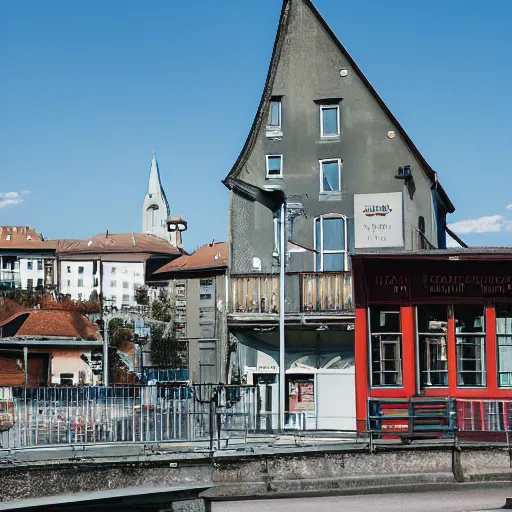 Prompt: photography of yverdon-les-bains, the city in switzerland, with HEIG-VD schoold on foreground, an industrial glass building, with a sign inscripted HEIG-VD with student going in, wide shot