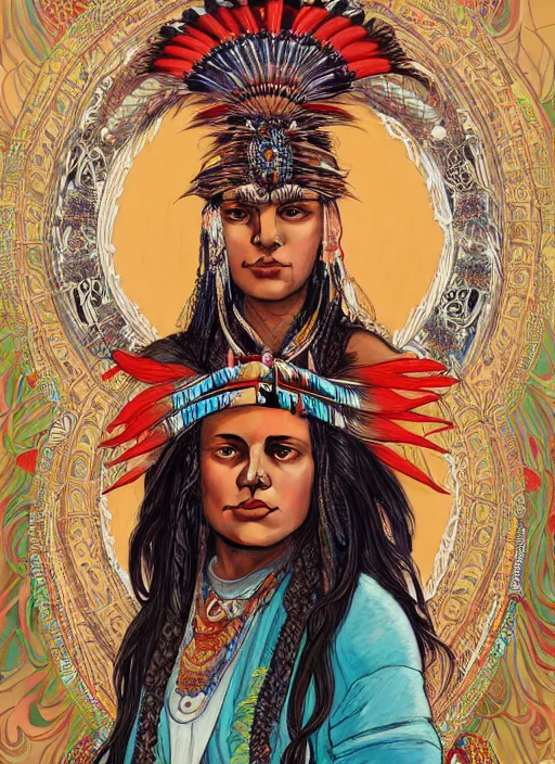 Image similar to portrait of Cree Summer as beautiful native american woman wearing an elaborate headdress, intricate, elegant, highly detailed, centered, digital painting, artstation, concept art, smooth, sharp focus, illustration, art by android jones and donato giancola and alphonse mucha