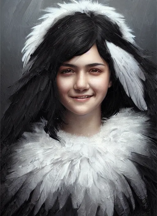 Image similar to a teenage girl with very short black hair and a huge cloak made of grey and black feathers. beautiful highly detailed face. smiling, beautiful painting by artgerm and greg rutkowski and raymond swanland, detailed portrait, closeup