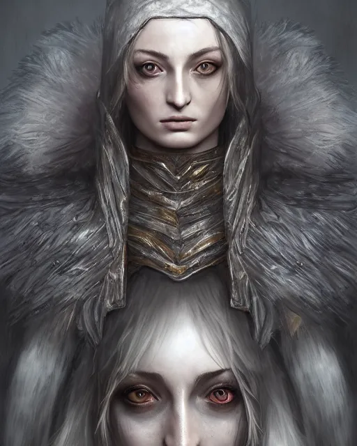 Image similar to Sophie Turner as the fire keeper from Dark Souls 3, highly detailed face portrait by Ross Tran and Angel Ganev, photorealistic, RTX ON, trending on cgsociety