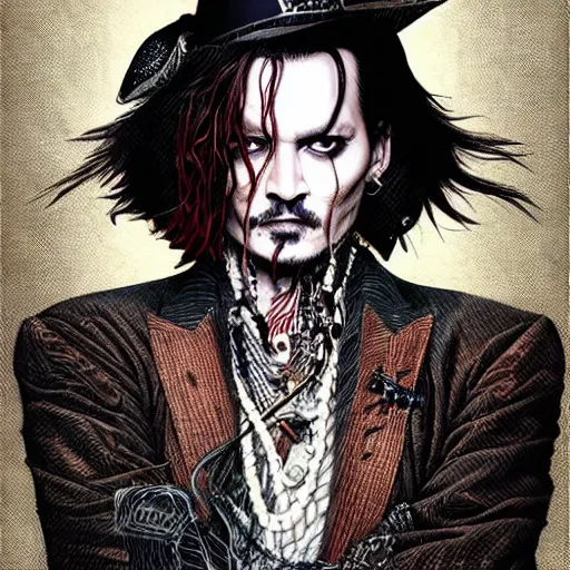 Image similar to portrait of crazyjohnny depp, symmetrical, by yoichi hatakenaka, masamune shirow, josan gonzales and dan mumford, ayami kojima, takato yamamoto, barclay shaw, karol bak, yukito kishiro