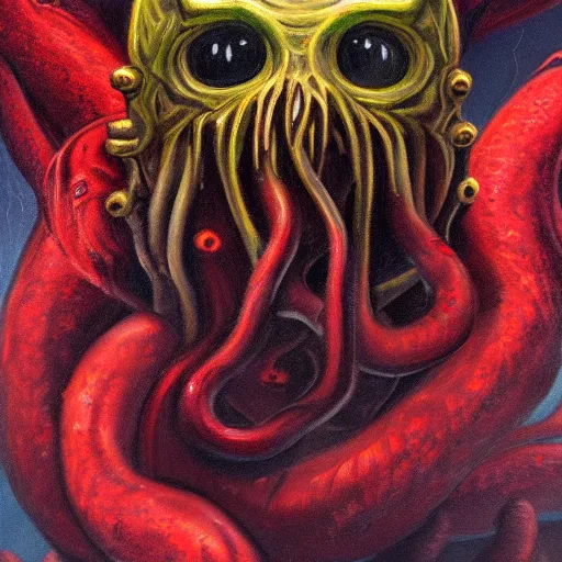 Image similar to an oil painting of Cthulhu, thick paint, detailed, 8k, dark phantasy, gritty, red eyes, stormy night